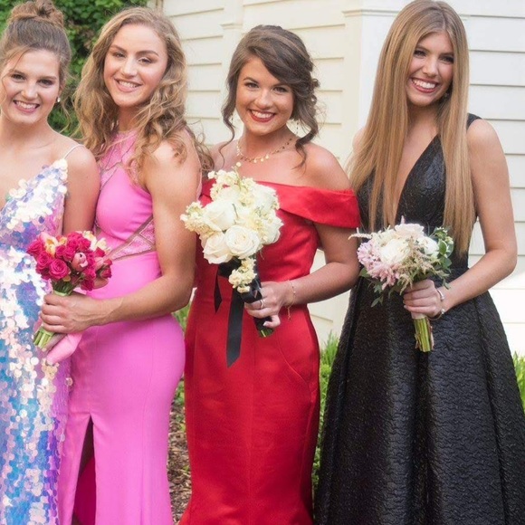 Dave & Johnny Tomato Red Off-the-Shoulder Dress with beautiful, long train - Picture 2 of 2